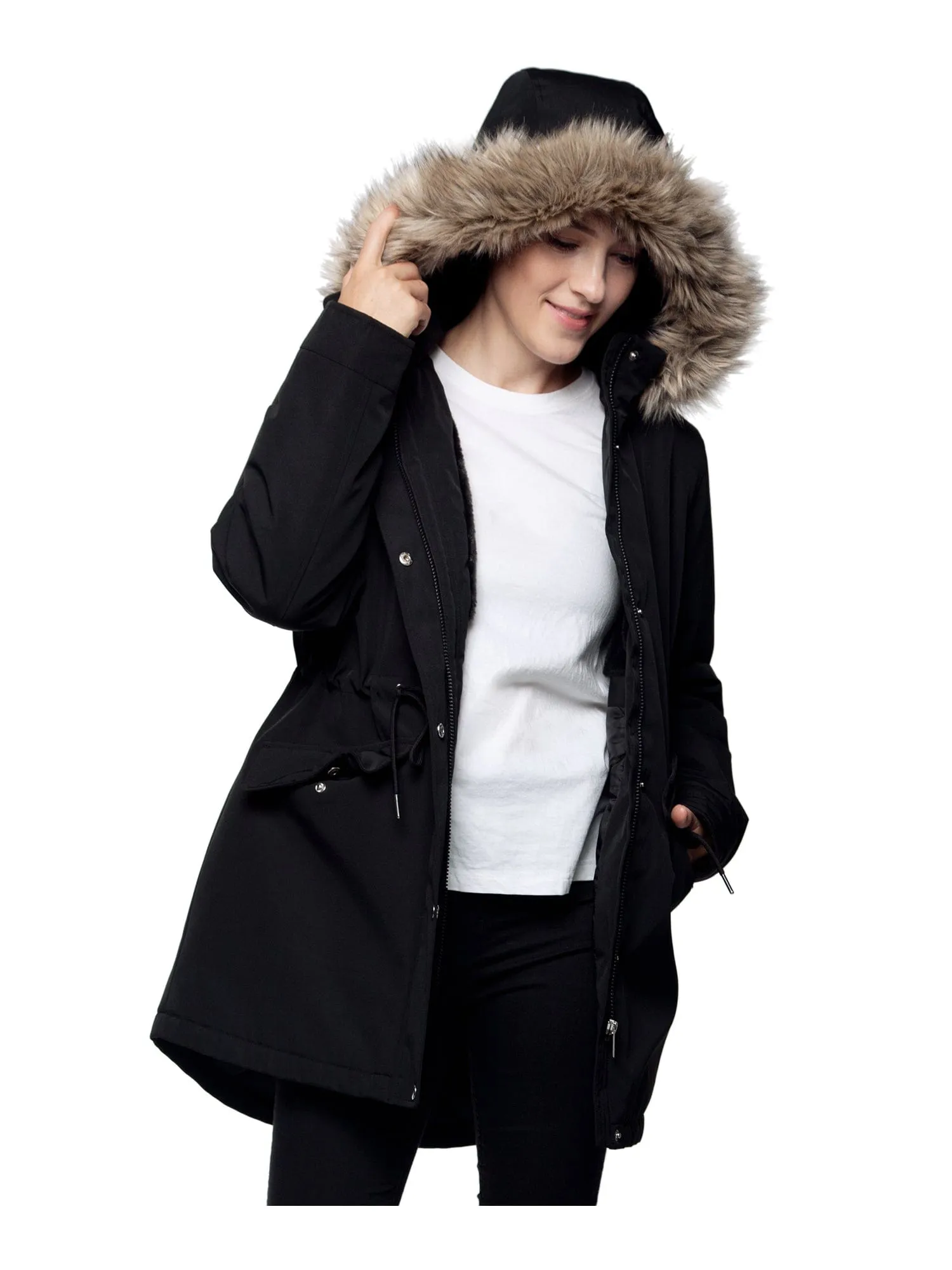 Women's Lightweight Parka Jacket with Faux Fur Hood