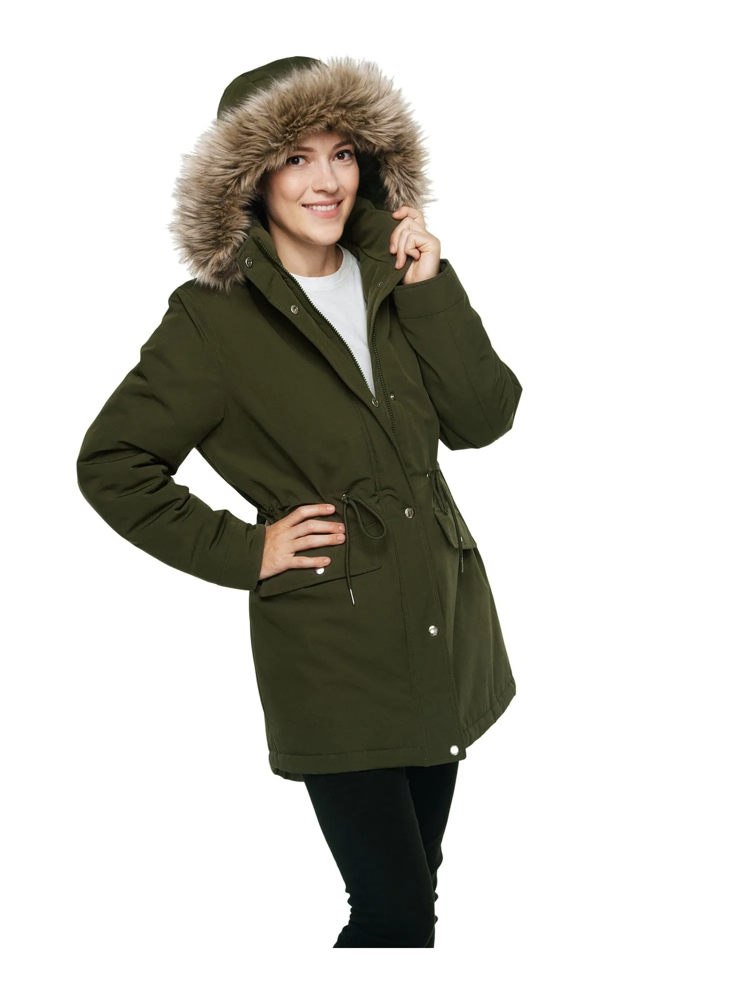 Women's Lightweight Parka Jacket with Faux Fur Hood