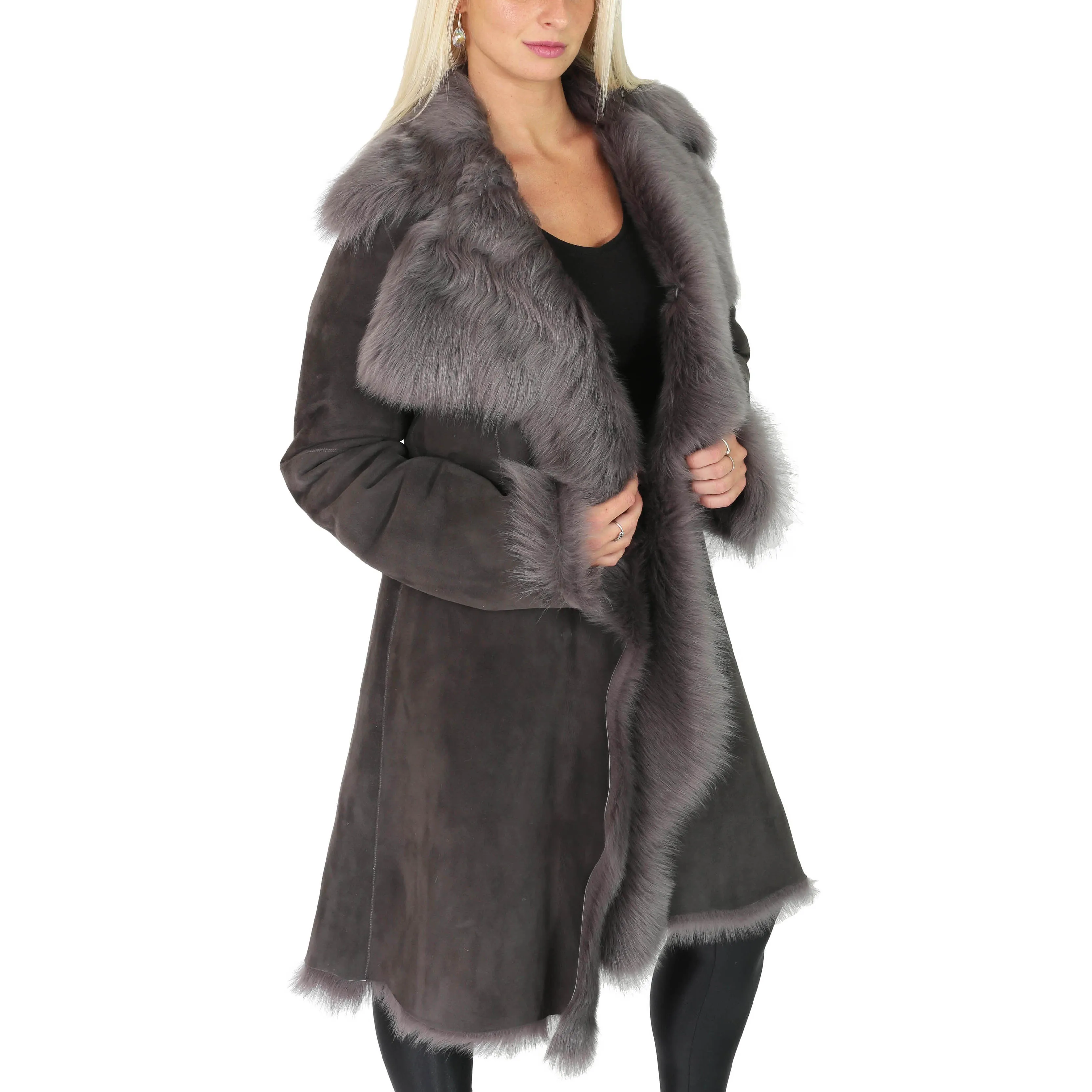 Womens Luxurious Toscana Long Coat Real Sheepskin Pamela Grey