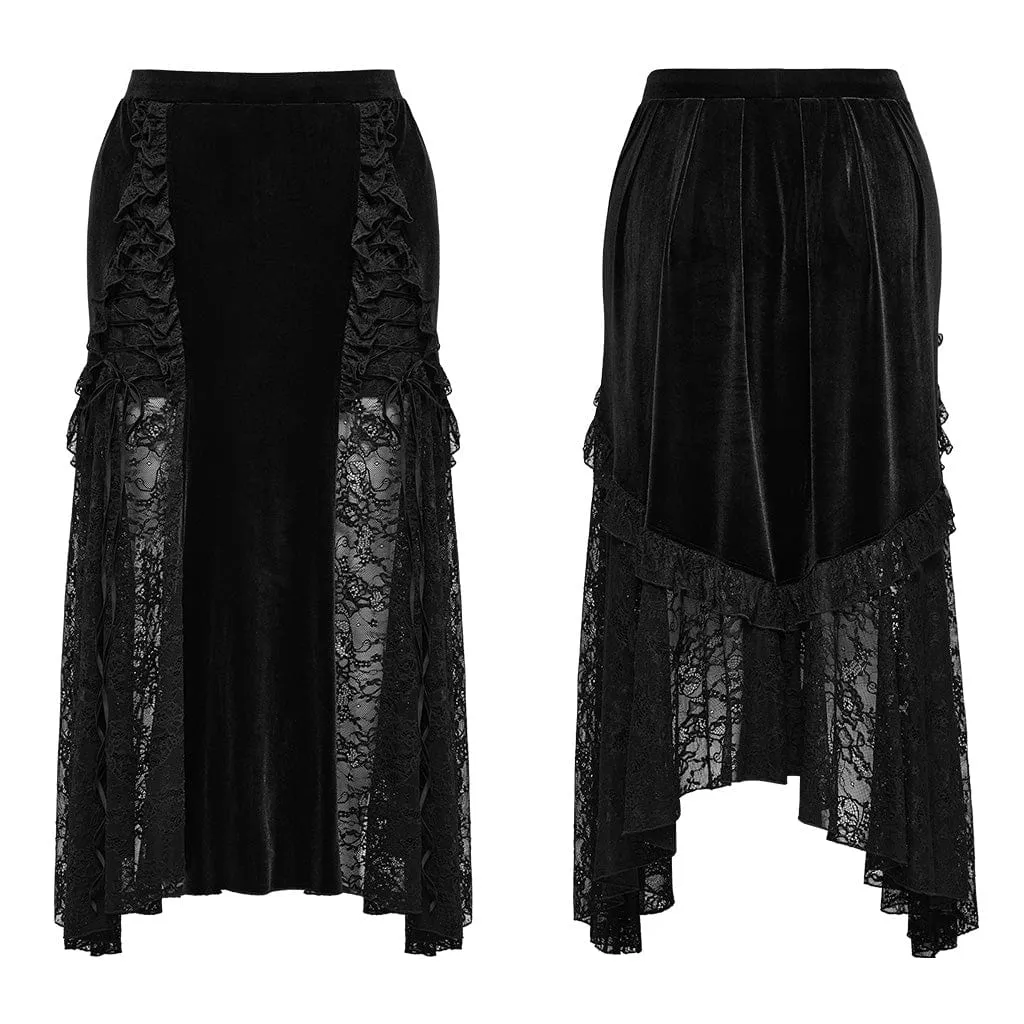 Women's Plus Size Gothic Lace-up Lace Splicing Velvet Skirt