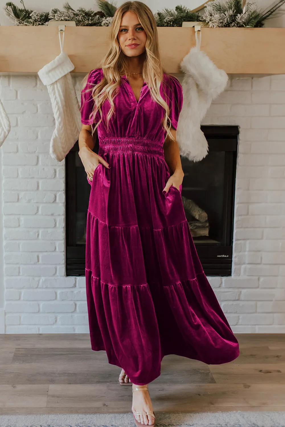 Womens Velvet Berry Holiday Maxi Dress with Smocked Waist