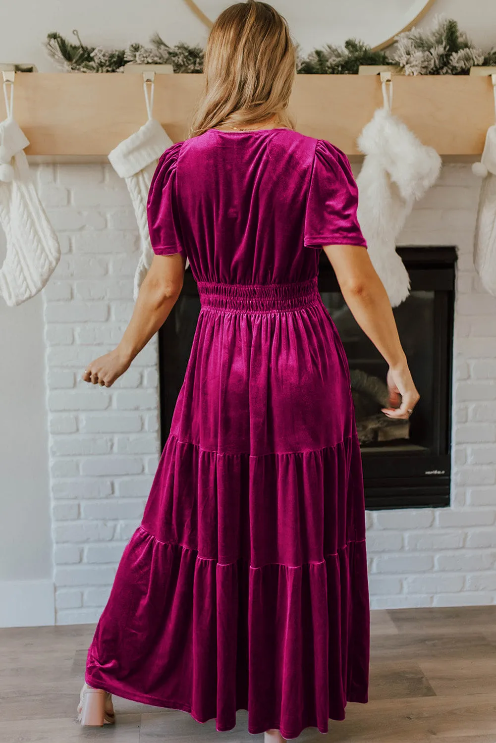 Womens Velvet Berry Holiday Maxi Dress with Smocked Waist