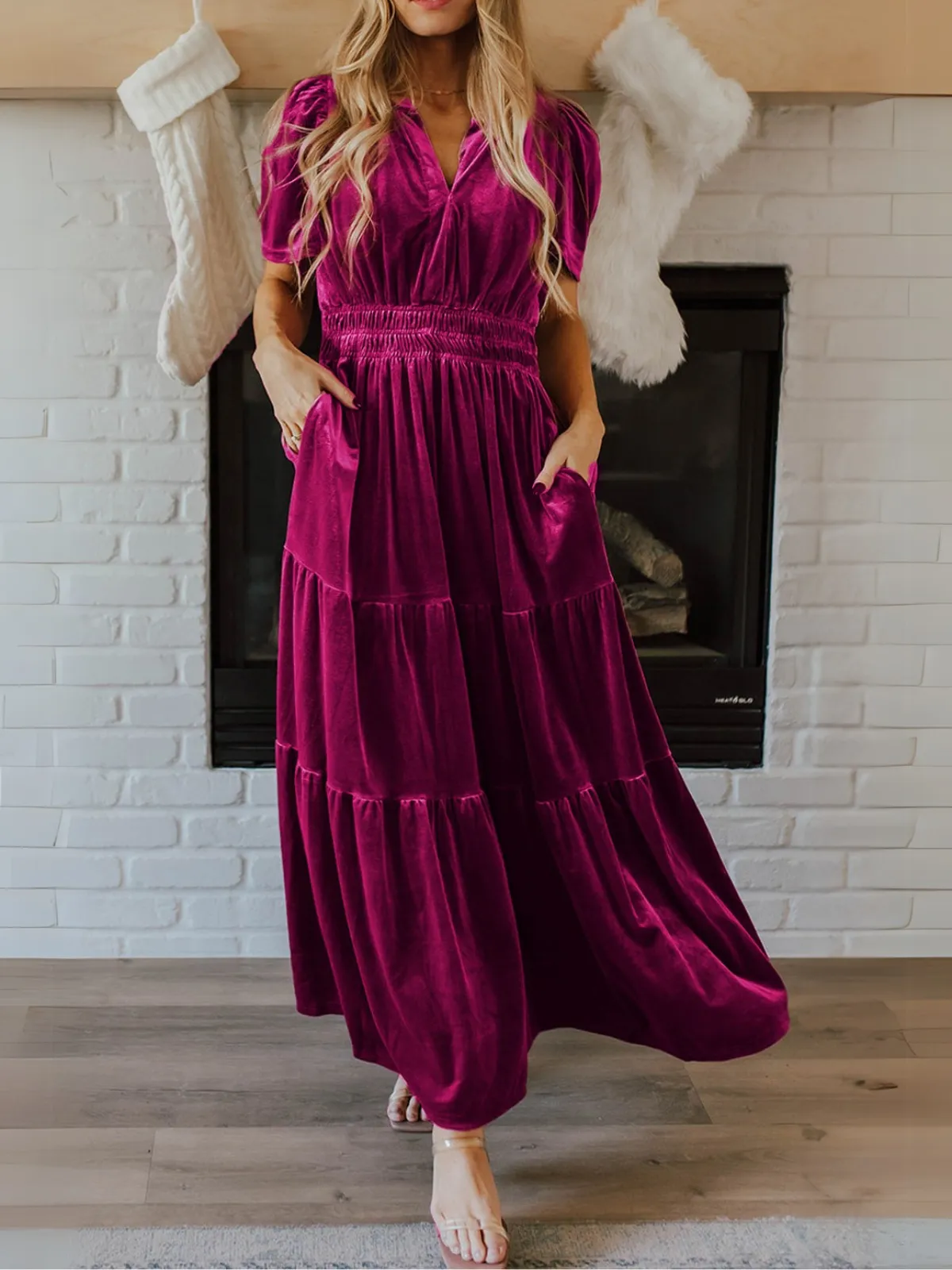 Womens Velvet Berry Holiday Maxi Dress with Smocked Waist