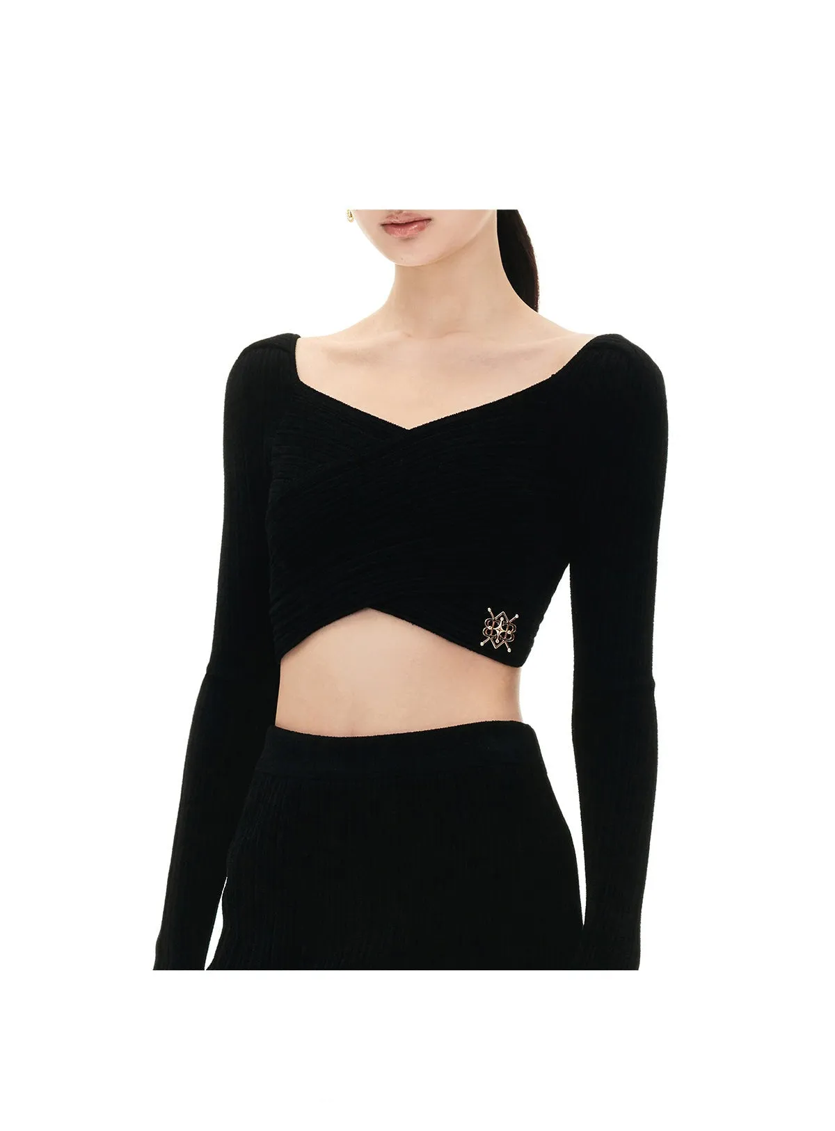 YES BY YESIR elegant sexy knitted black skirt cropped top - Fei