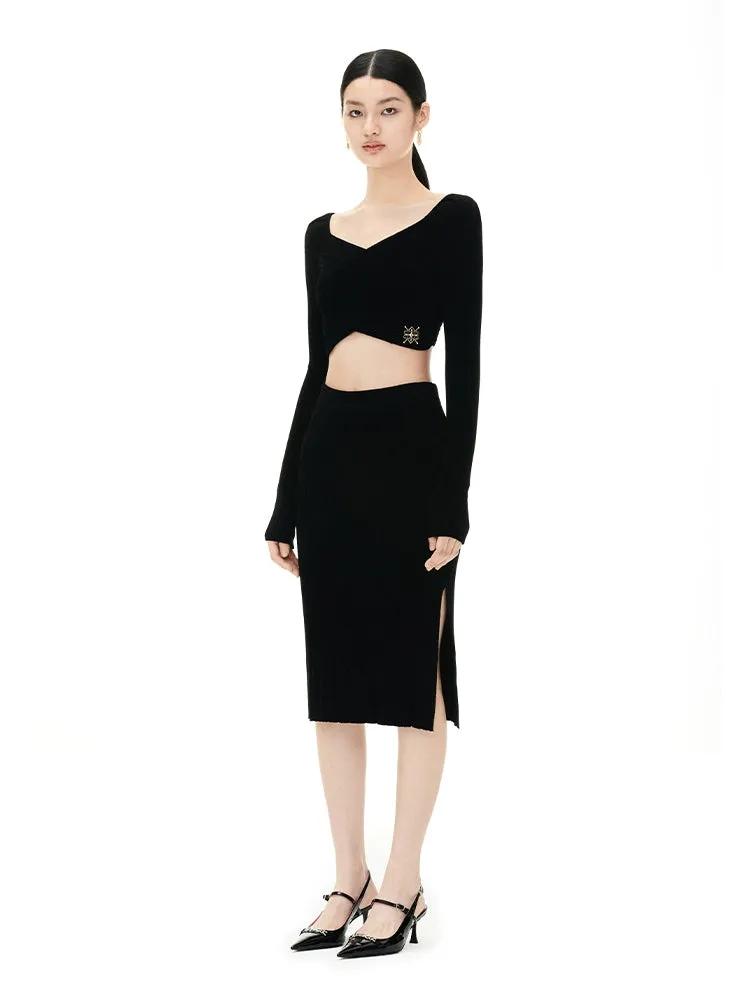 YES BY YESIR elegant sexy knitted black skirt cropped top - Fei