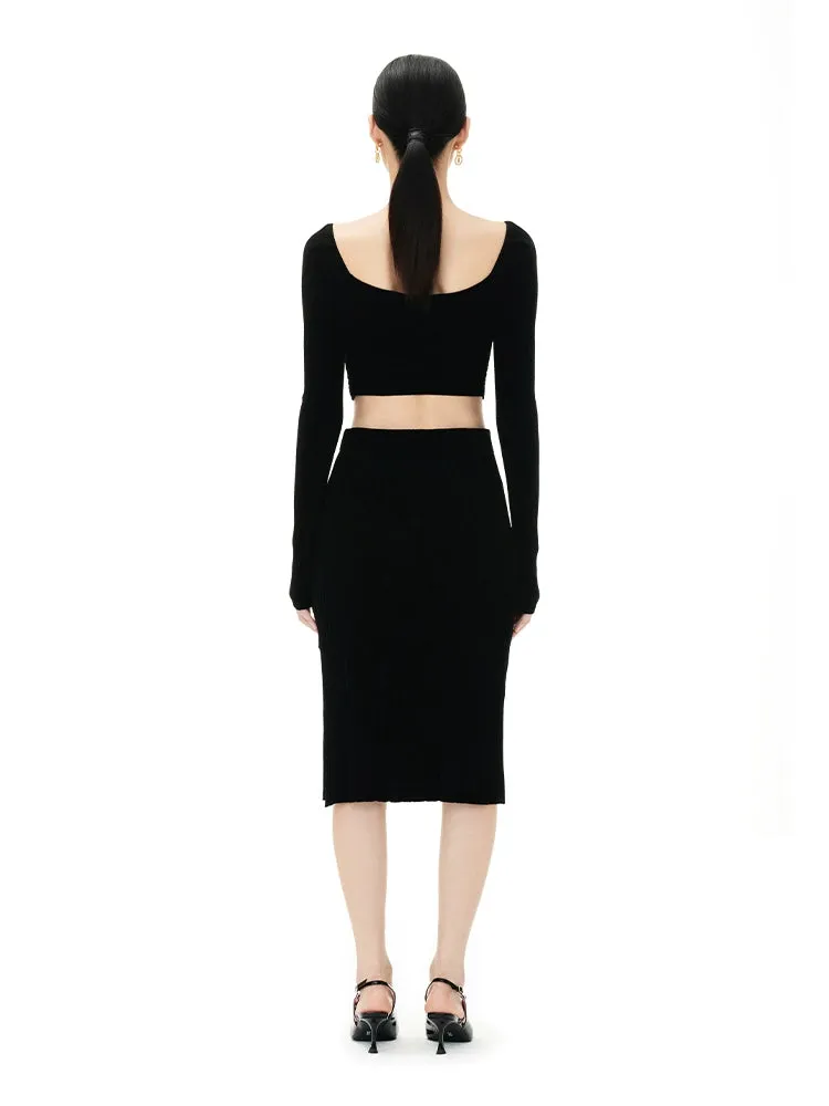 YES BY YESIR elegant sexy knitted black skirt cropped top - Fei